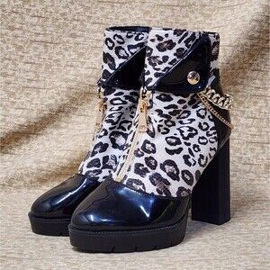 Leopard Print Heeled Booties Boots Zipper Back Faux Gold Metal Overlay on Heel